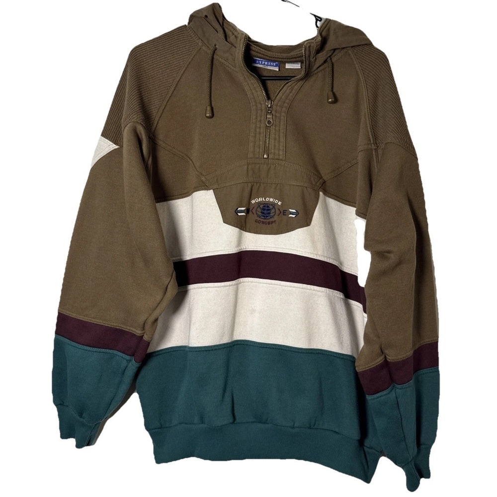 Vintage‎ Denim Express Hoodie Large Colorblock 1/4 Zip Worldwide Concept 90s